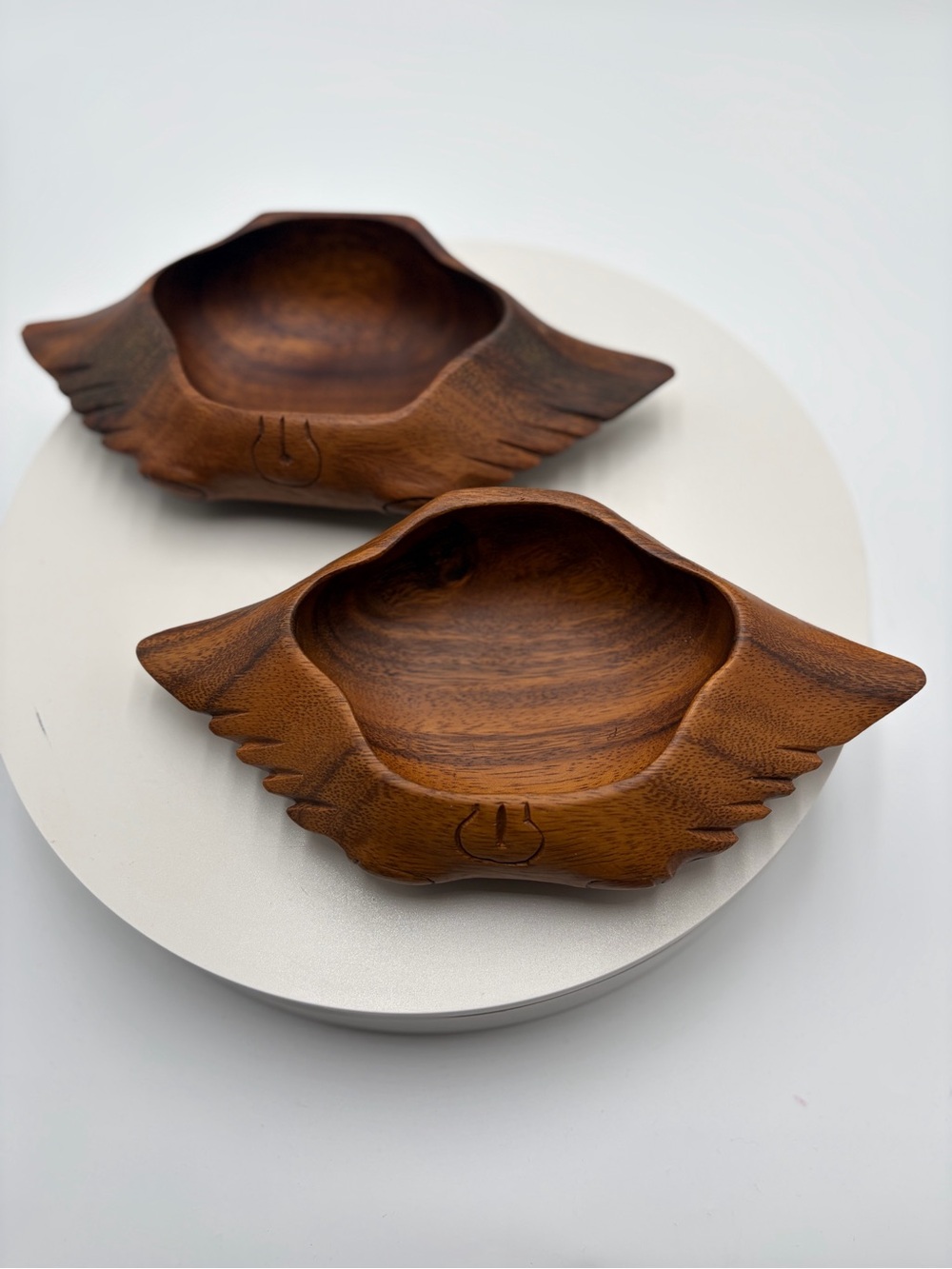 Hand-Carved Brown Wood Winged Catchall Bowl - Unbranded